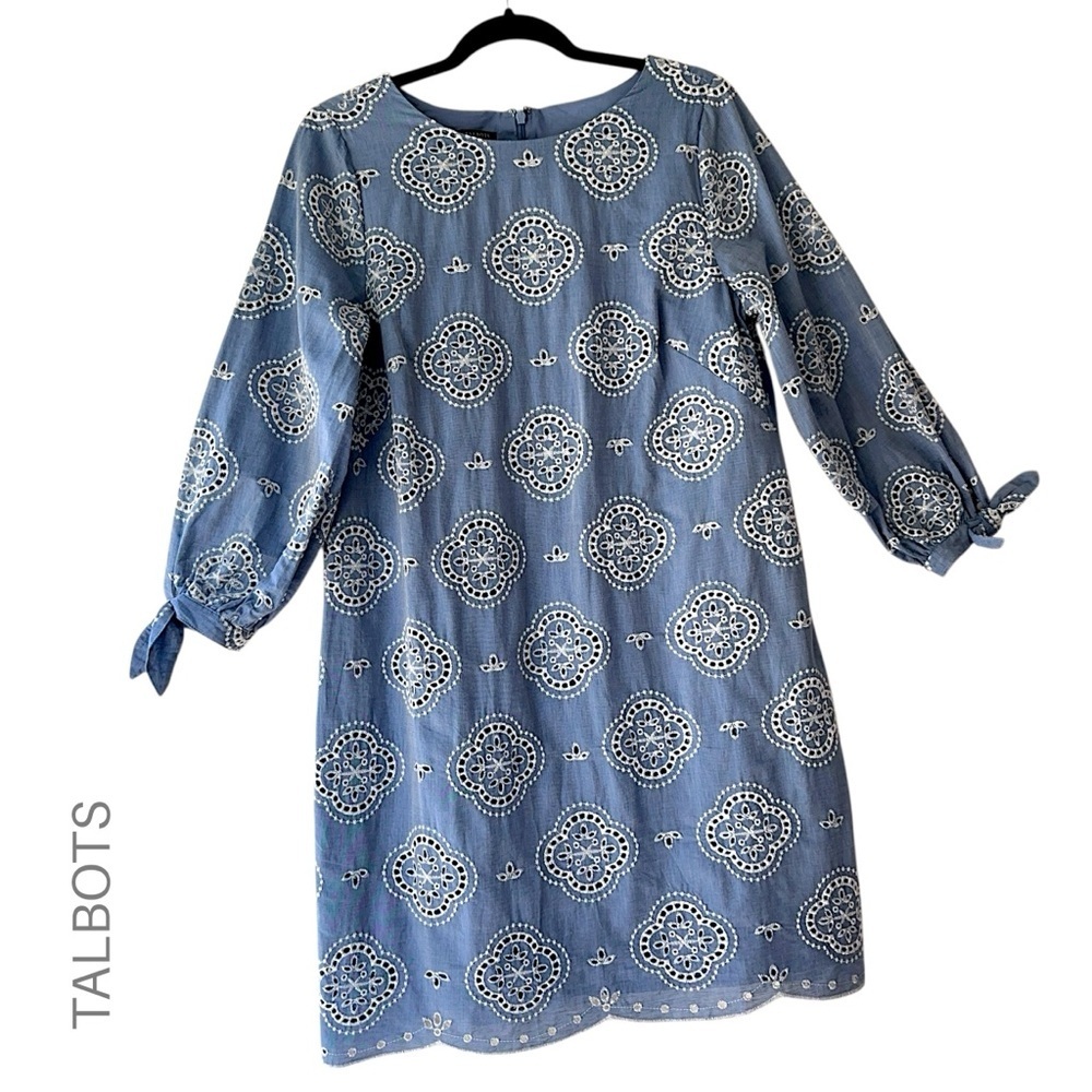 TALBOTS NWOT TIE SLEEVE EYELET CHAMBRAY COTTON DRESS EMBROIDERED LINED 10 PETITE